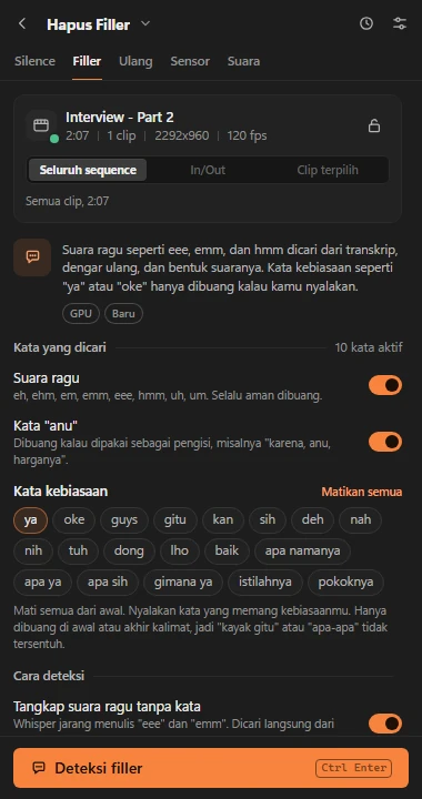 Alat hapus filler dengan opsi suara ragu dan kata kebiasaan