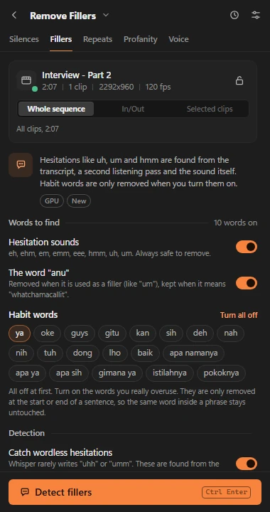 Filler tool with hesitation and habit word options