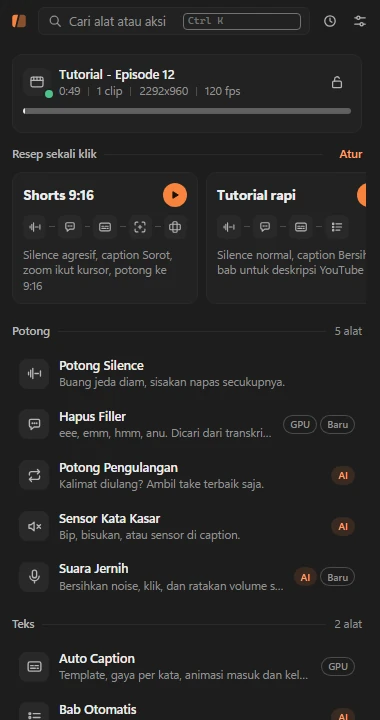 Layar utama panel Klipora di Premiere Pro, berisi alat potong, teks, dan kamera