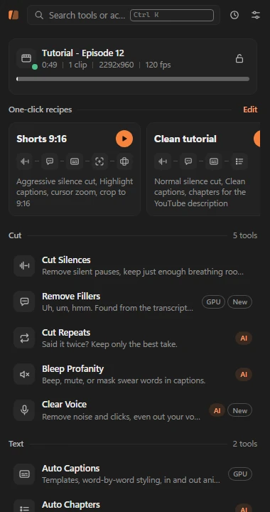 Klipora panel home screen in Premiere Pro, listing the cut, text and camera tools