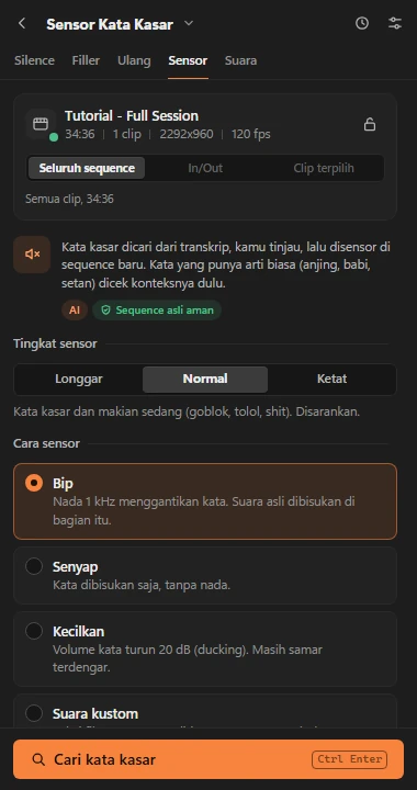 Alat sensor kata kasar dengan tingkat dan cara sensor