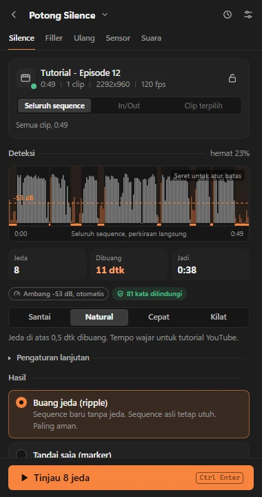 Alat potong silence dengan gelombang audio, garis ambang otomatis, dan preset Natural