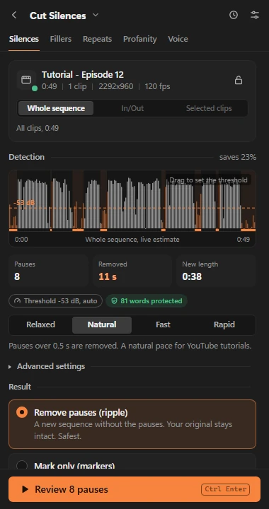 Silence tool showing the audio waveform, the automatic threshold line and the Natural preset