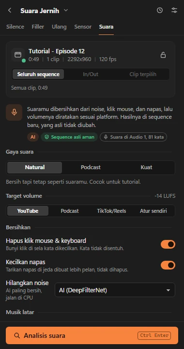 Pengaturan Suara Jernih: gaya, target volume, hapus klik dan napas, denoise AI