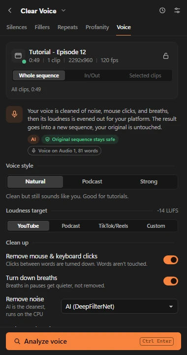 Clear Voice settings: style, target loudness, click and breath cleanup, AI denoise