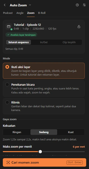 Pengaturan Auto Zoom dengan mode Ikuti aksi layar terpilih