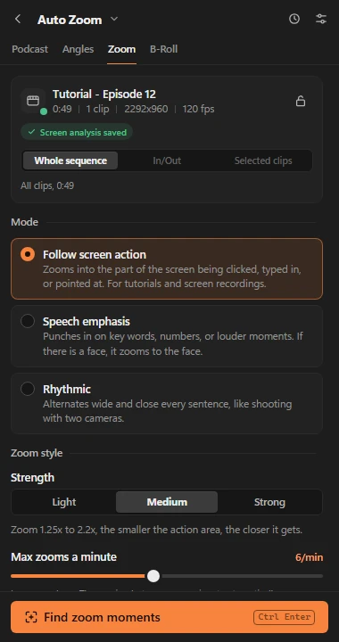 Auto Zoom settings with the Follow screen action mode selected